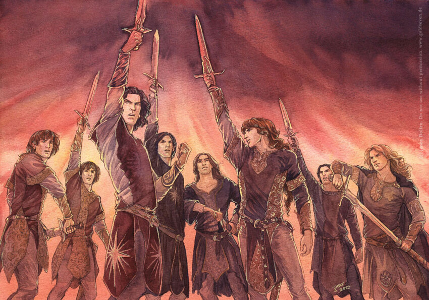 6+boys amras amrod black_hair blonde_hair brothers brown_pants caranthir celegorm curufin embroidery family father_and_son feanor from_below gouache_(medium) holding holding_sword holding_weapon jenny_dolfen layered_sleeves long_hair maedhros maglor male_focus medium_hair monochrome multiple_boys painting_(medium) pants red_hair red_sky red_theme red_tunic scabbard sheath siblings sky sword the_silmarillion tolkien&#039;s_legendarium traditional_media tunic watercolor_(medium) weapon