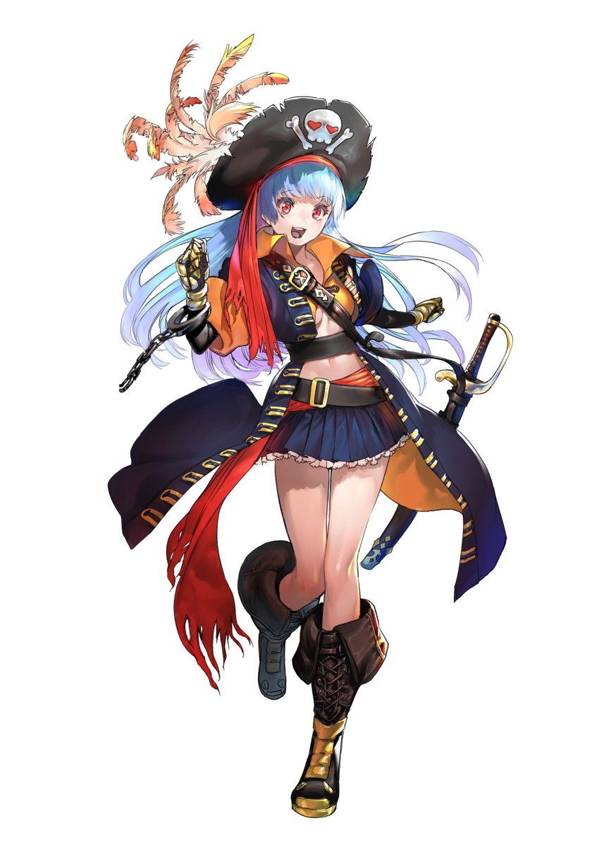 1girl azuma_kyoutarou_(artist) blue_hair boots feathers female_focus full_body hat highres jacket kula_diamond long_hair miniskirt pirate pirate_hat red_eyes simple_background skirt skull_and_crossbones snk snk_heroines:_tag_team_frenzy solo sword the_king_of_fighters weapon white_background