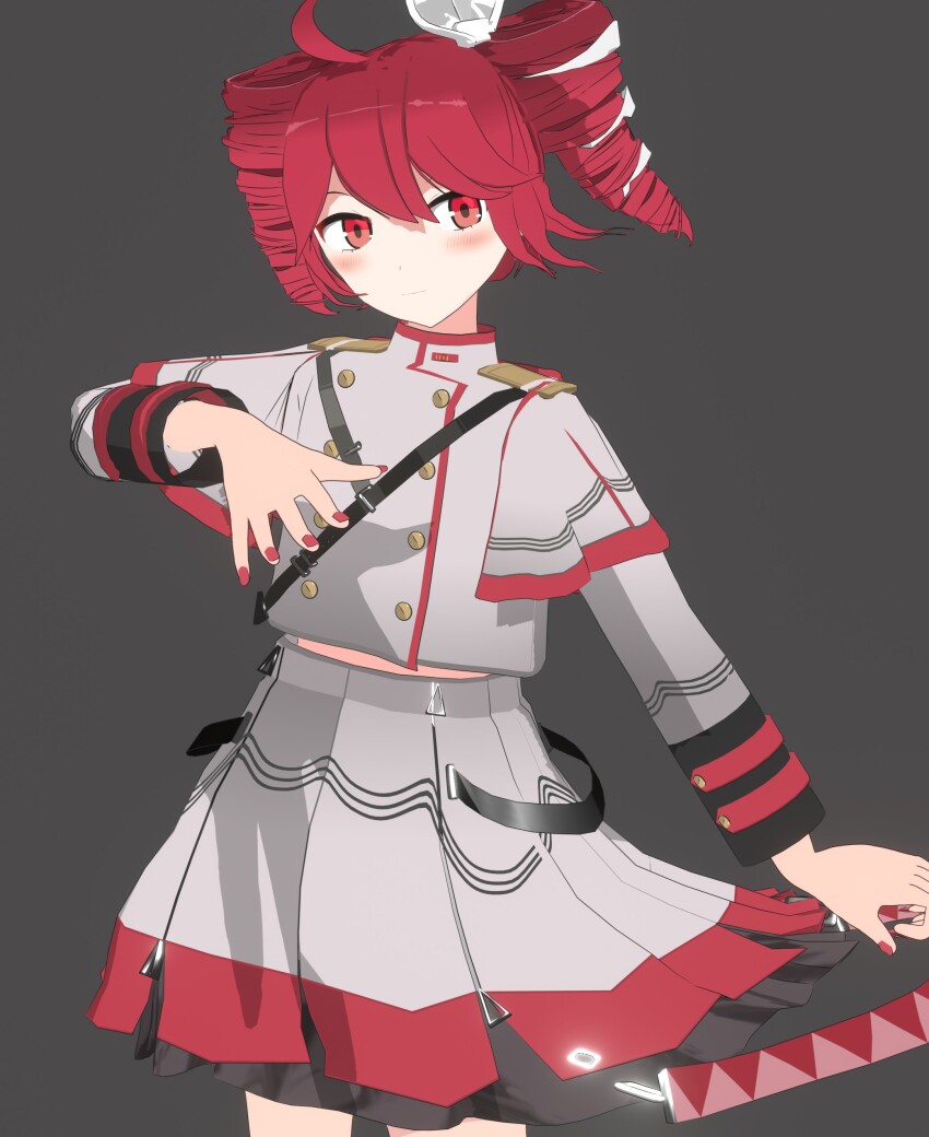 1girl 3d absurdres ahoge belt blender_(medium) blush bow buttons closed_mouth commentary_request cowboy_shot double-breasted double-parted_bangs drill_hair expressionless grey_background grey_belt grey_jacket grey_skirt hair_between_eyes hair_bow hand_up highres jacket kasane_teto kasane_teto_(sv) long_sleeves looking_at_viewer midriff_peek miniskirt nail_polish pleated_skirt randomy01 red_eyes red_hair red_nails shoulder_belt simple_background skirt sleeve_cuffs solo standing synthesizer_v turtleneck turtleneck_jacket twin_drills utau vocaloid_boxart_pose white_bow