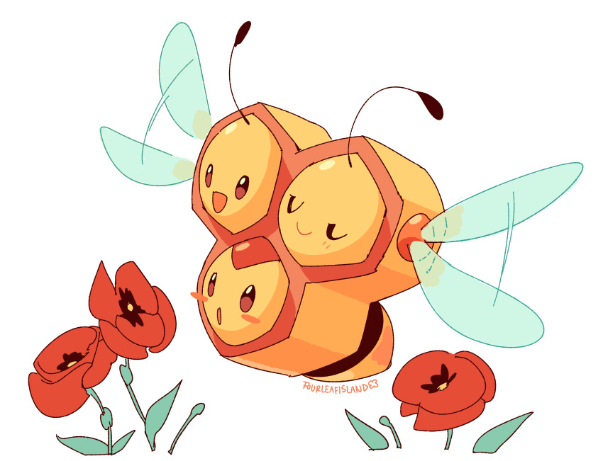 absurdres animal_focus artist_name brown_eyes clip_studio_paint_(medium) closed_eyes closed_mouth combee commentary english_commentary flower flying fourleafisland full_body gen_4_pokemon highres honeycomb_(object) making-of_available motion_blur nintendo no_humans open_mouth pokemon pokemon_(creature) poppy_(flower) red_flower simple_background solo white_background
