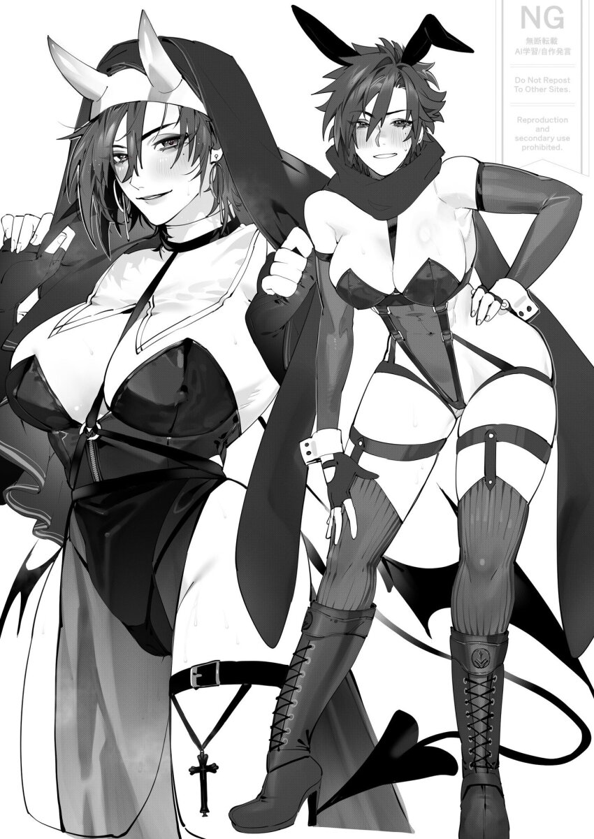 1girl alternate_costume animal_ears black_hair black_shawl boots breasts cleavage cross demon_tail detached_sleeves earrings fake_horns final_fantasy final_fantasy_xiv fingerless_gloves gloves greyscale hair_between_eyes hand_on_own_hip hand_on_own_thigh highres horns jewelry knee_boots large_breasts leotard looking_at_viewer mole mole_under_eye monochrome multiple_views playboy_bunny rabbit_ears scarf shawl shishamo_712 simple_background smile solo tail warrior_of_light_(ff14) white_background wrist_cuffs