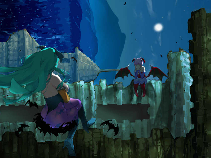 animal_print ass bakkanki bare_shoulders bat_(animal) bat_print bat_wings breasts building city commentary_request demon_girl elbow_gloves gloves green_hair head_wings large_breasts leotard lightning_rod lilith_(darkstalkers) long_hair morrigan_aensland pantyhose print_legwear short_hair sideways demon_girl darkstalkers wings
