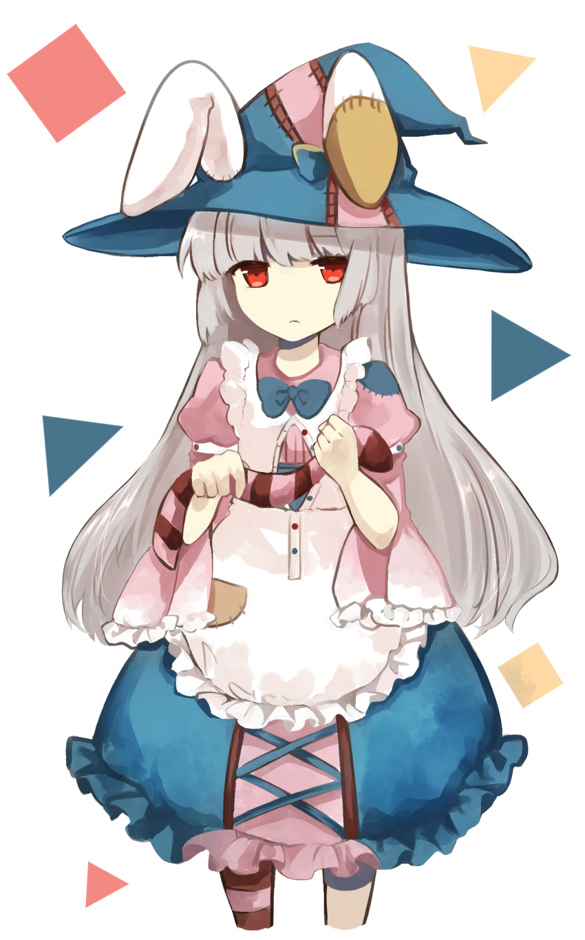 1girl animal_ears apron blue_bow blue_bowtie blue_dress blue_hat blunt_bangs bow bowtie buttons diamond_(shape) dress frilled_dress frills hat highres holding irisu_kyouko irisu_shoukougun! koto_(shiberia39) long_hair looking_to_the_side pink_dress pink_hat rabbit_ears red_eyes simple_background solo square triangle two-tone_dress two-tone_headwear white_apron white_background white_hair witch_hat