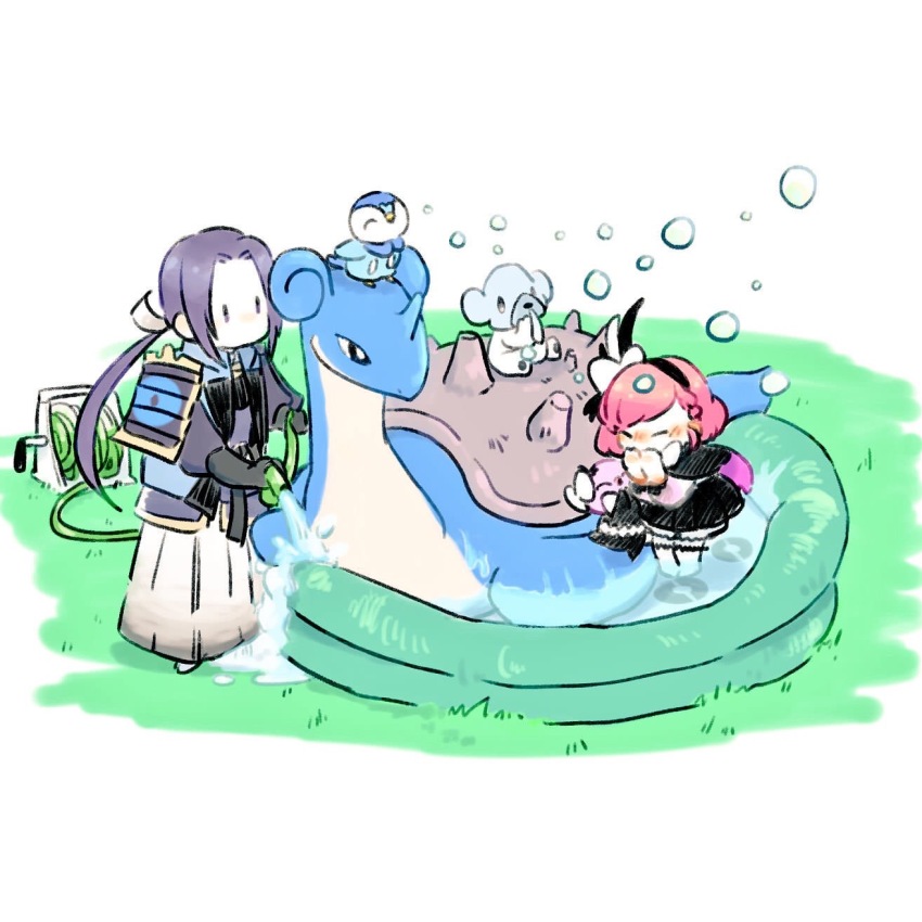 akechi_mitsuhide_(sengoku_musou) armor black_skirt bubble covering_own_mouth cubchoo gen_1_pokemon gen_4_pokemon gen_5_pokemon gothita grass hairband hakama highres hose hosokawa_gracia japanese_clothes kimono lapras nintendo piplup pokemon pokemon_conquest pool purple_hair red_hair sengoku_musou skirt thighhighs water