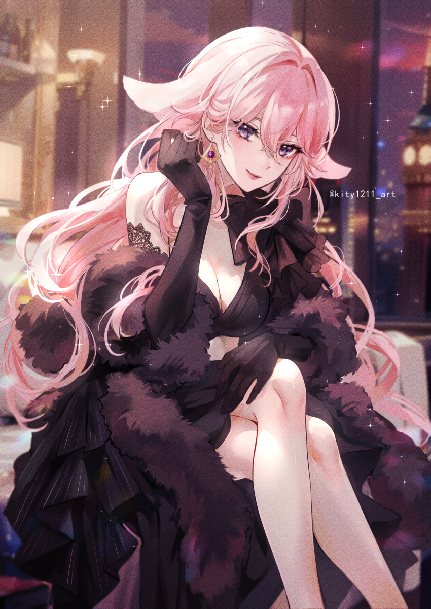 1girl alternate_costume animal_ears black_gloves blurry blurry_background breasts building city_lights cleavage closed_mouth commentary_request contemporary crossed_legs earrings elbow_gloves extra_ears feather_boa feet_out_of_frame floppy_ears fox_ears genshin_impact gloves hand_on_own_knee hand_up highres indoors jewelry kity1211_tetsu large_breasts long_hair looking_at_viewer pink_hair purple_eyes single_bare_shoulder sitting skyscraper smile solo twitter_username very_long_hair window yae_miko