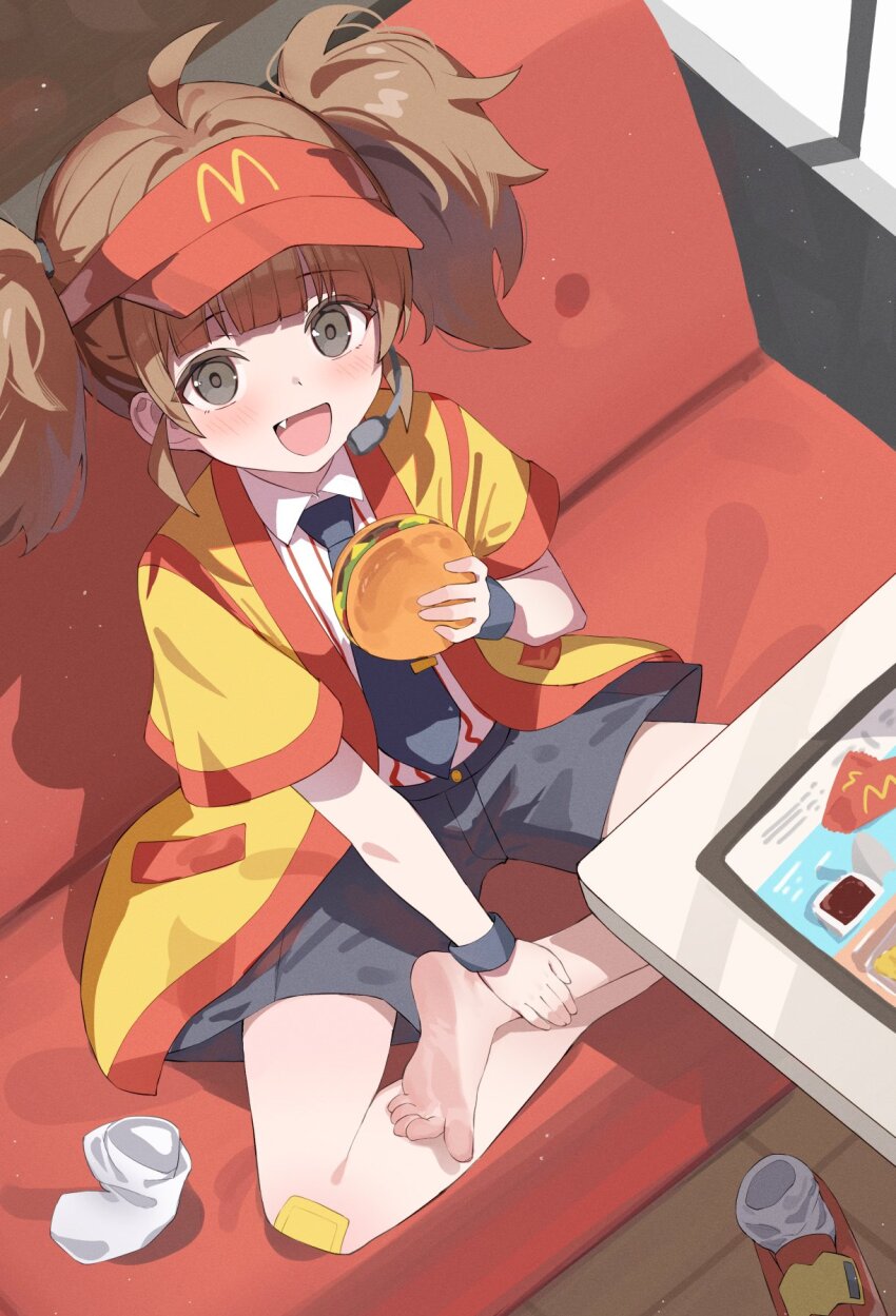 :d ahoge barefoot bench bitseon black_necktie black_shorts blunt_bangs blush booth_seating brown_eyes brown_hair burger cheese commentary eating fang feet food from_above gauze_on_knee hand_on_own_ankle hat headset highres holding holding_burger holding_food imadake_dabuchi_tabemi indian_style ketchup lettuce light_particles looking_at_viewer looking_up loose_hair_strand mcdonald&#039;s medium_hair microphone necktie on_bench open_happi open_mouth pinstripe_pattern pinstripe_shirt placemat red_hat red_shirt restaurant sauce shirt shoes shorts sidelocks sitting smile socks soles striped_clothes striped_shirt table tie_clip toes tomato tomato_slice tray twintails two-tone_shirt unworn_shoes unworn_socks vertical-striped_clothes vertical-striped_shirt visor_cap white_shirt white_socks window wooden_floor yellow_happi