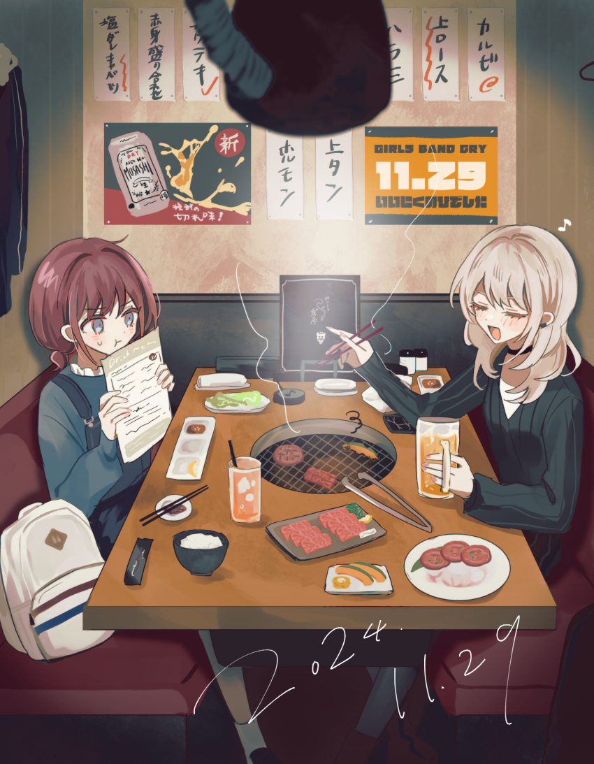 2girls :d alcohol backpack bag beer beer_mug black_choker black_sweater blue_eyes brown_hair choker chopsticks closed_eyes commentary cup dated drinking_straw eighth_note food girls_band_cry grey_hair grill hamchan69 highres holding holding_chopsticks iseri_nina kawaragi_momoka long_hair low_twintails meat mug multicolored_hair multiple_girls musical_note open_mouth poster_(object) pout restaurant ribbed_sweater rice roots_(hair) short_hair short_twintails sitting smile steam sweater table tomato tomato_slice tongs twintails white_bag
