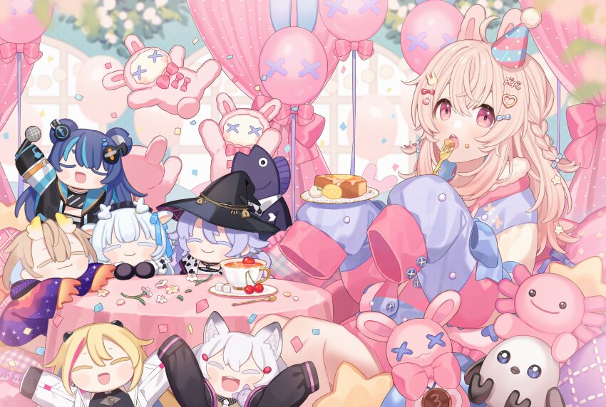 1girl absurdres ahoge animal_ears antlers balloon bear_ears bear_girl black_hat blue_bow bow braid character_doll cherry chiri_(ch!) confetti cup deer_antlers deer_ears deer_girl dragon_girl dragon_horns fish_boy flower food food_on_face formal_clothes fortissimo fruit fujikura_uruka h2osakana hair_bow hair_ornament hakushika_iori hat headphones heart heart_hair_ornament highres holding holding_microphone holding_plate horns jacket lemon lemon_slice long_hair long_sleeves microphone multicolored_jacket musical_note musical_note_hair_ornament open_mouth party_hat phase_connect pink_bow pink_eyes pipkin_pippa pipkin_pippa_(1st_costume) plate purple_jacket rabbit_ears rabbit_girl rabbit_hair_ornament rinkou_ashelia second-party_source shisui_michiru_(phase_connect) sleeves_past_fingers sleeves_past_wrists spoon stuffed_animal stuffed_axolotl stuffed_bird stuffed_rabbit stuffed_toy sugar_cube suit table teacup tenma_maemi thighs twin_braids utatane_nasa virtual_youtuber white_flower witch_hat yellow_flower yellow_jacket