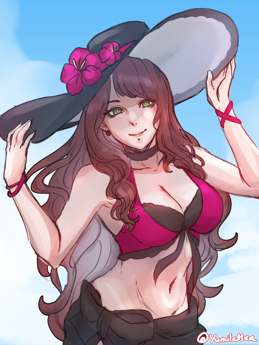 1girl absurdres artist_name bare_shoulders bikini black_bikini black_choker black_hat blue_sky breasts brown_hair choker cleavage closed_mouth cloud cloudy_sky commentary dorothea_arnault dorothea_arnault_(summer) earrings fire_emblem fire_emblem:_three_houses fire_emblem_heroes flower flower_hat green_eyes hands_up hat hat_flower highres jewelry long_hair looking_at_viewer medium_breasts navel nintendo official_alternate_costume purple_flower sarong sky smile solo sun_hat swimsuit twitter_username yumikari07