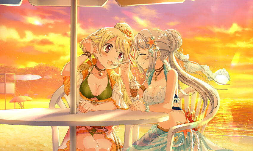 2girls ^_^ adjusting_hair arm_on_table artist_request bare_legs beach beach_chair beach_umbrella bead_bracelet beads belt bikini blonde_hair blue_sarong bracelet breasts brown_belt brown_eyes cleavage closed_eyes closed_mouth collarbone collared_jacket coral_hair_ornament dot_nose epaulettes feeding feet_out_of_frame fingernails food frilled_skirt frills game_cg green_bikini grey_hair hair_bun hair_ribbon happy high_ponytail holding holding_food holding_ice_cream holding_ice_cream_cone holding_spoon ice_cream ice_cream_cone jacket jewelry lace lace-trimmed_bikini lace_trim lapels large_breasts light_blush long_hair magia_record:_mahou_shoujo_madoka_magica_gaiden mahou_shoujo_madoka_magica miniskirt multiple_girls navel necklace notched_lapels ocean official_alternate_costume official_art on_chair open_clothes open_jacket open_mouth outdoors pearl_hair_ornament pointy_nose ponytail ribbon sarong sharing_food shell shell_bikini single_hair_bun sitting skirt smile spoon star_(symbol) star_necklace starfish_hair_ornament stomach sunset swimsuit table tareme togame_momoko togame_momoko_(mermaid_ver.) umbrella very_long_hair white_bikini white_jacket white_ribbon white_skirt yakumo_mitama yakumo_mitama_(mermaid_ver.)