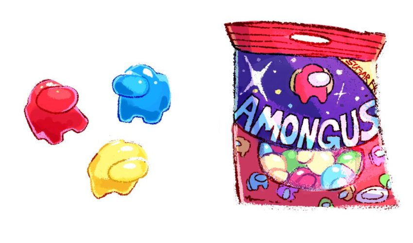 among_us blue_(among_us) candy crewmate_(among_us) figburn food red_(among_us) simple_background still_life tagme white_background yellow_(among_us)