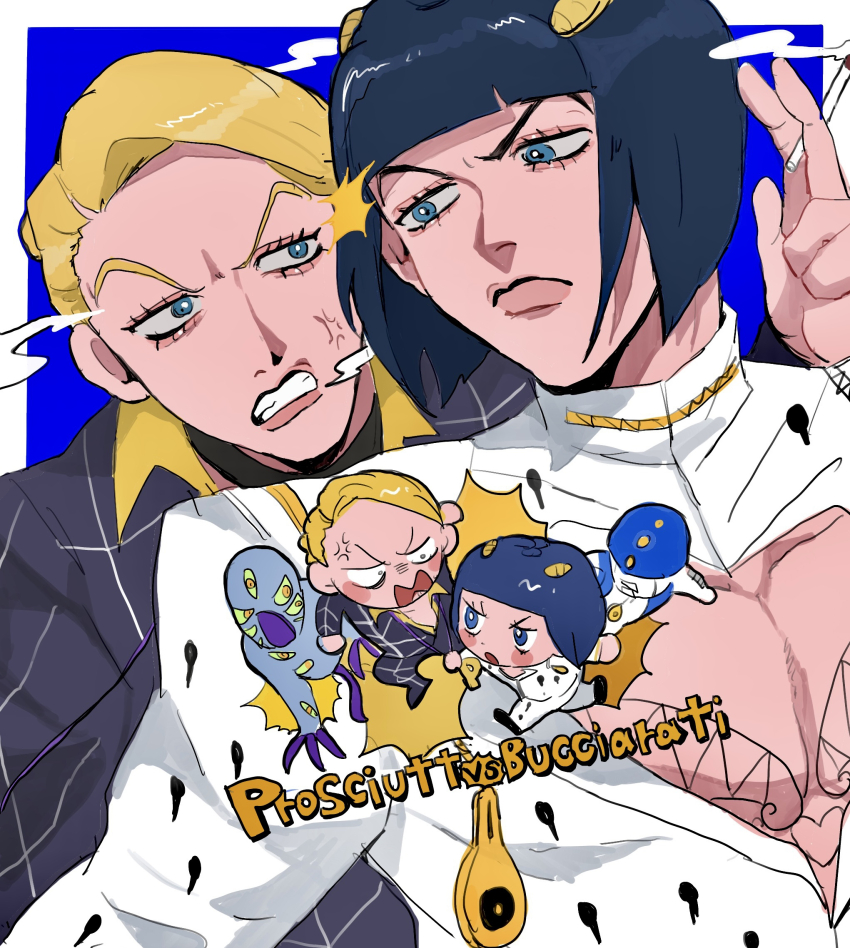2boys 2others anger_vein black_hair black_jacket black_pants blonde_hair blue_background blue_eyes blush bruno_bucciarati character_name chibi chibi_inset cigarette fighting formal_clothes grid_print hair_ornament hairclip highres holding holding_cigarette jacket jojo_no_kimyou_na_bouken looking_at_another male_focus matubaru_chan multiple_boys multiple_others pants prosciutto short_hair smoke stand_(jojo) sticky_fingers_(stand) suit teeth the_grateful_dead_(stand) vento_aureo vs yellow_collar
