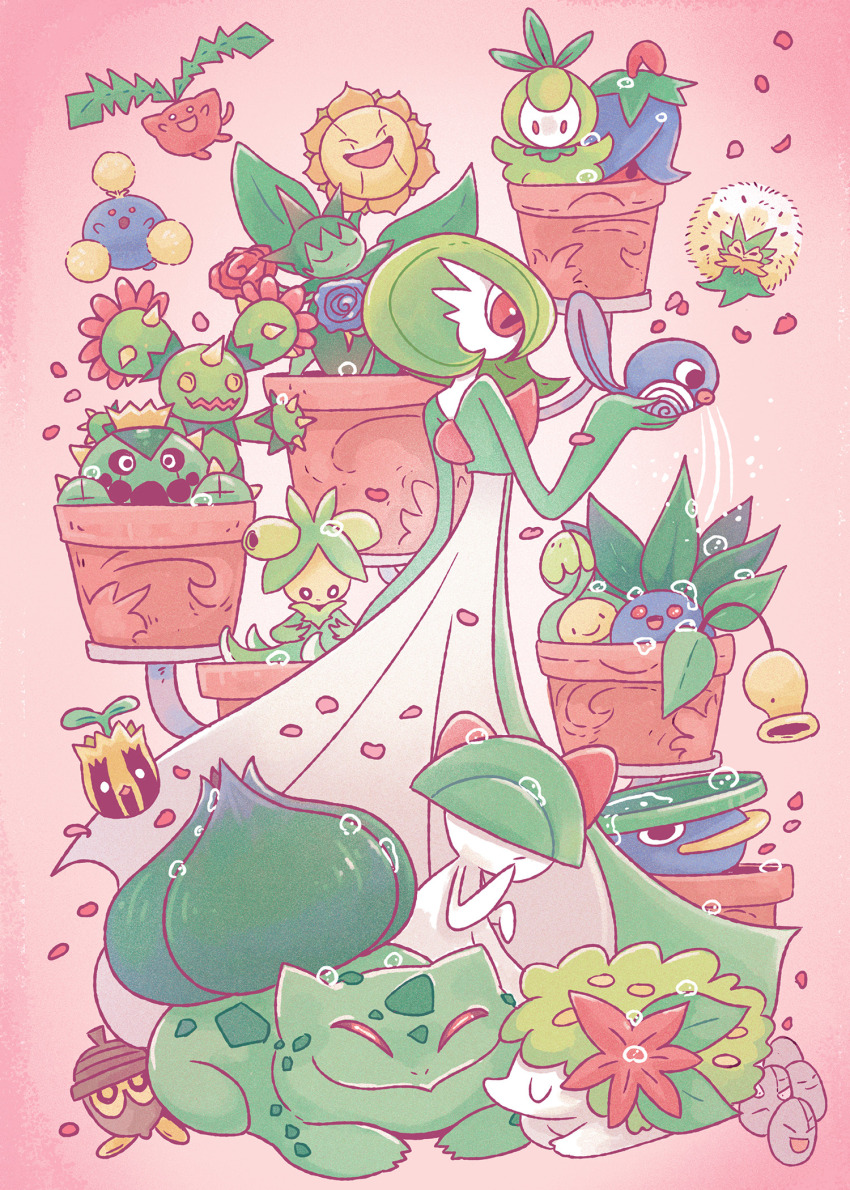 bellsprout blue_skin bob_cut budew bulbasaur cacnea cherrim colored_skin dress eldegoss exeggcute game_freak gardevoir gen_1_pokemon gen_2_pokemon gen_3_pokemon gen_4_pokemon gen_5_pokemon gen_8_pokemon green_hair green_skin highres hoppip jumpluff legendary_pokemon lotad maractus multicolored_skin mythical_pokemon nintendo oddish petals petilil pink_background pink_eyes pink_petals pokemon pokemon_(creature) poliwag ralts robin_e_kaplan roselia_(pokemon) seedot shaymin smoliv sunflora sunkern two-tone_skin white_dress white_skin yellow_eyes