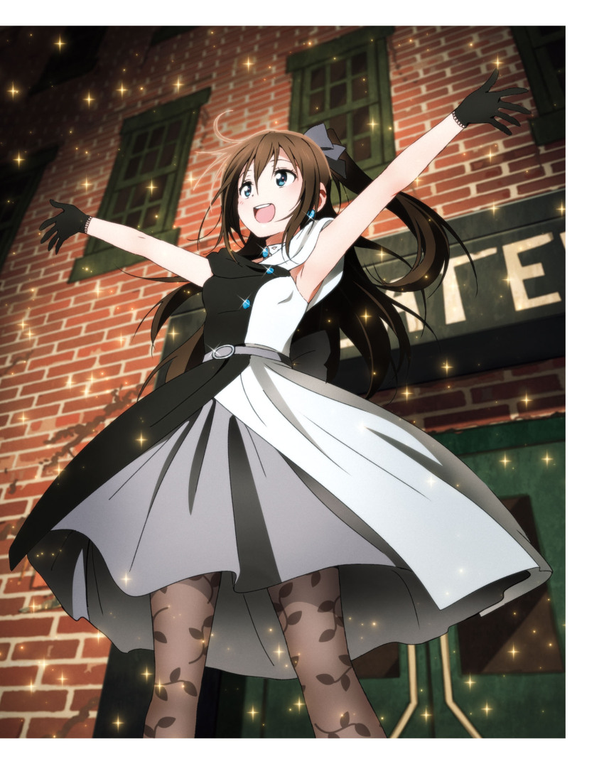 1girl armpits artbook belt black_belt black_bow black_dress black_gloves black_pantyhose blue_eyes bow brick_wall brown_hair dress earrings evening_gown gloves hair_between_eyes hair_bow highres huge_bow jewelry lace lace_gloves lace_trim long_hair love_live! love_live!_nijigasaki_high_school_idol_club necklace non-web_source official_art open_mouth osaka_shizuku outstretched_arms pantyhose sidelocks sleeveless sleeveless_dress smile solitude_rain_(love_live!) solo two-tone_dress white_dress