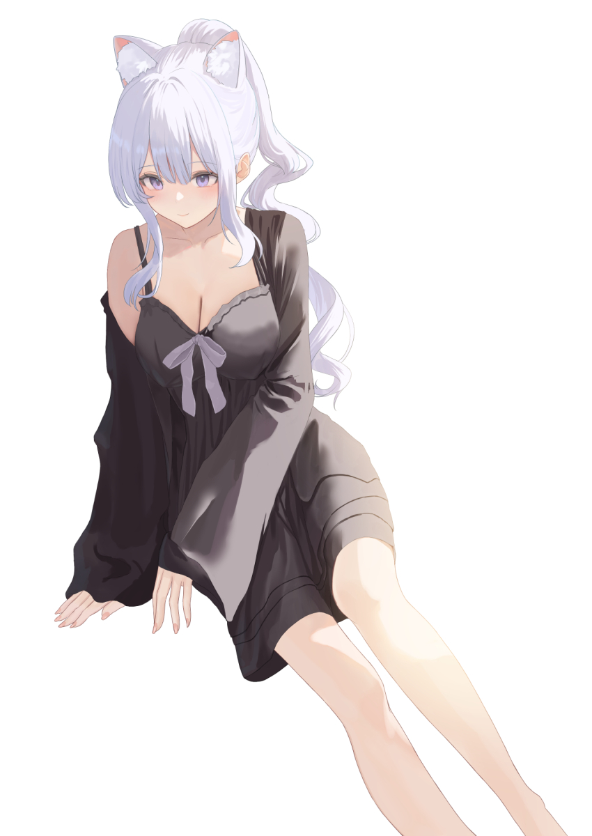1girl animal_ear_fluff animal_ears black_dress breasts cat_ears cat_girl cleavage collarbone commentary_request daily_(daily178900) dress foot_out_of_frame high_ponytail highres long_hair medium_breasts original ponytail purple_eyes purple_ribbon ribbon short_dress simple_background sleeves_past_wrists smile solo white_background white_hair