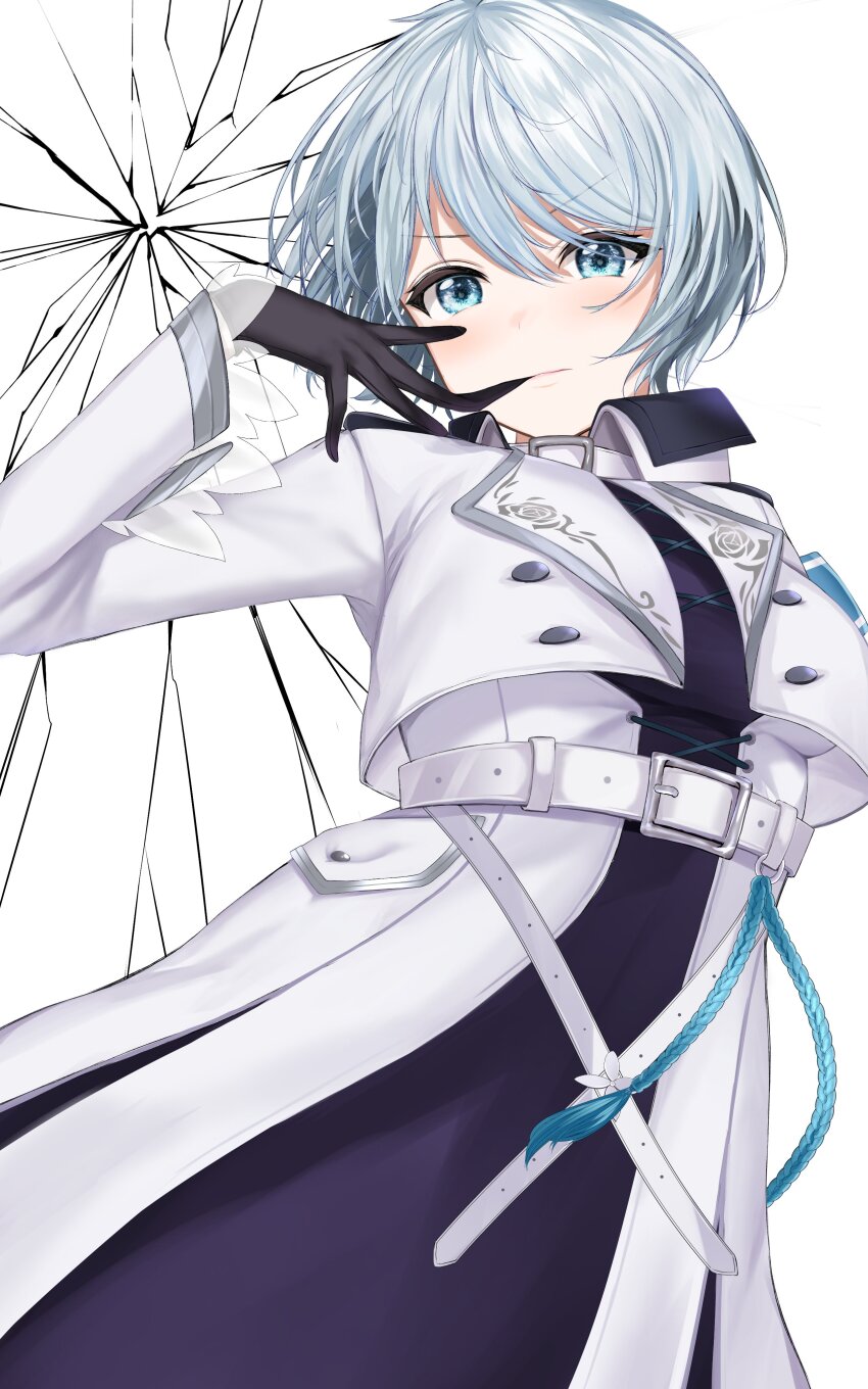 1girl absurdres belt biting biting_glove black_dress black_gloves blue_eyes blue_hair breasts cape chottoomochi dress gloves grey_hair highres jacket large_breasts long_sleeves military_jacket nijisanji open_clothes open_jacket short_hair virtual_youtuber white_background white_belt white_cape white_jacket yukishiro_mahiro yukishiro_mahiro_(4th_costume)