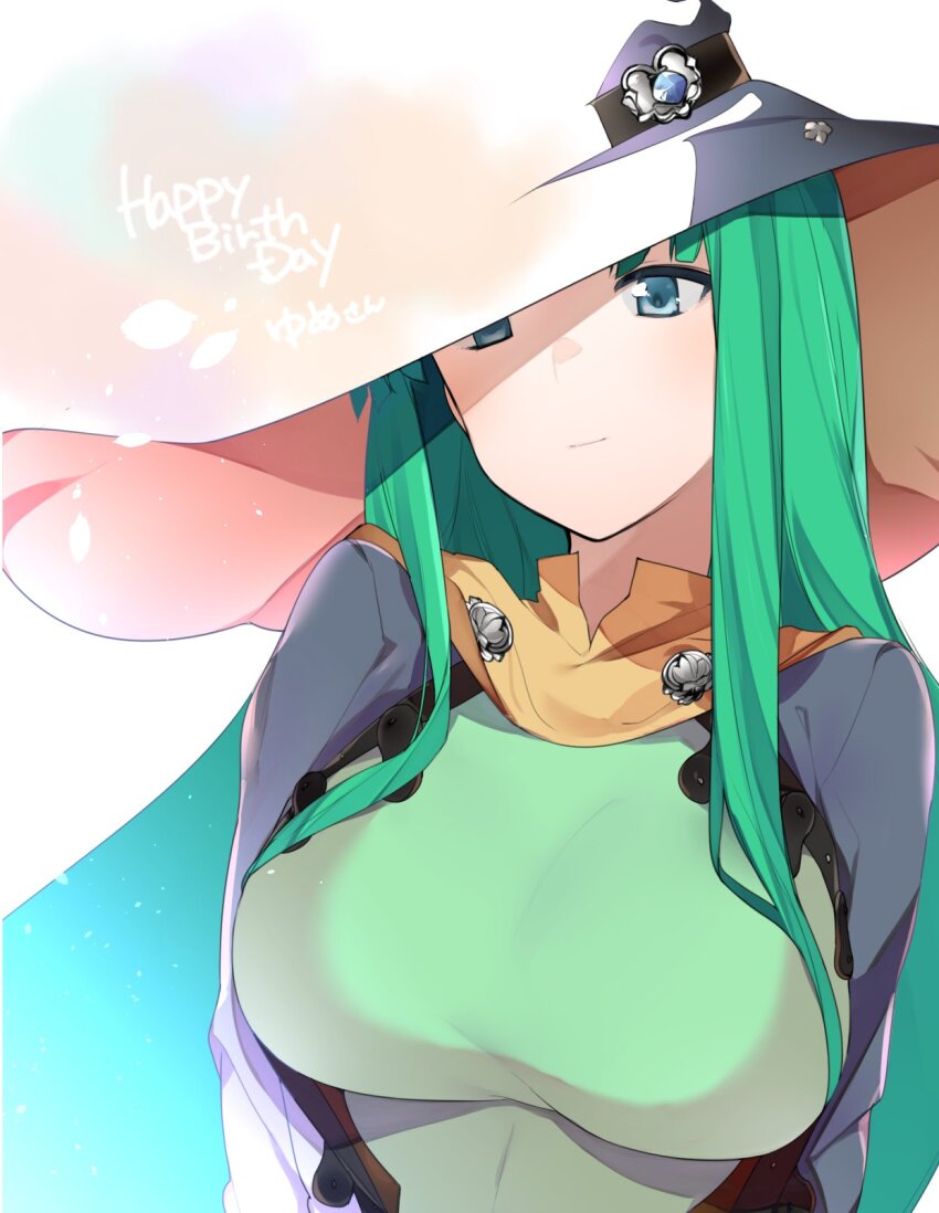 1girl aqua_eyes breasts green_hair happy_birthday hat highres large_breasts long_hair masou_shizuka rance_(series) shaded_face shikosour simple_background smile solo white_background witch_hat