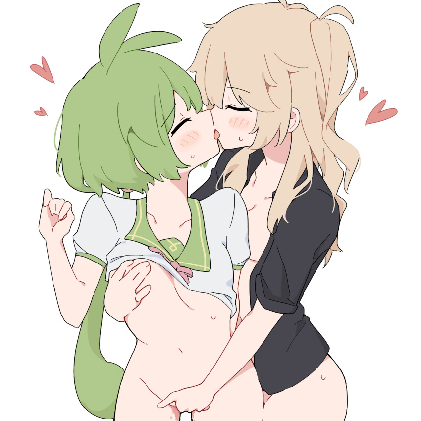 2girls black_shirt blonde_hair blush bottomless breasts closed_eyes clothes_lift commentary_request fingering french_kiss giryu grabbing_another&#039;s_breast grabbing_from_behind green_hair groping heart highres kasukabe_tsumugi kiss long_hair multiple_girls open_clothes open_shirt ponytail pussy_juice reach-around shirt shirt_lift simple_background small_breasts sweat tongue tongue_out voicevox white_background white_shirt yuri zundamon