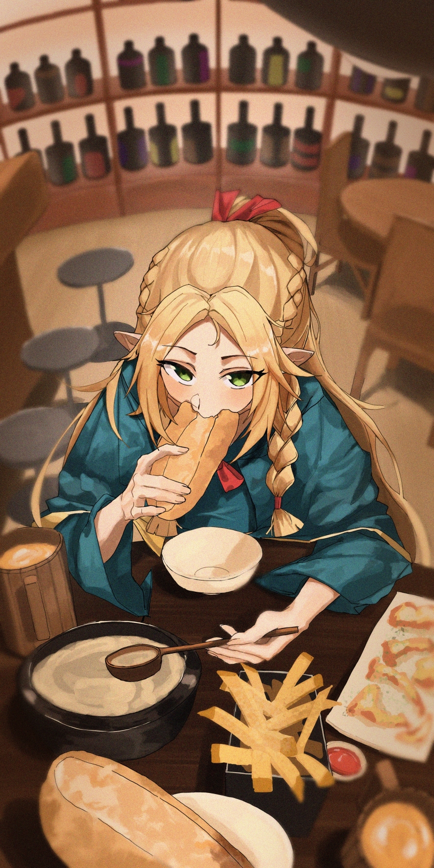1girl absurdres aqua_dress baguette bar_stool blonde_hair blurry blurry_background bottle bowl braid bread chinese_commentary commentary cup dress dungeon_meshi eating elf film_grain fisheye food french_fries from_above green_eyes highres holding holding_food holding_spoon indoors long_hair long_sleeves maka_bei marcille_donato mug parted_bangs pointy_ears shelf sitting solo soup spoon stool table wooden_chair wooden_cup wooden_table
