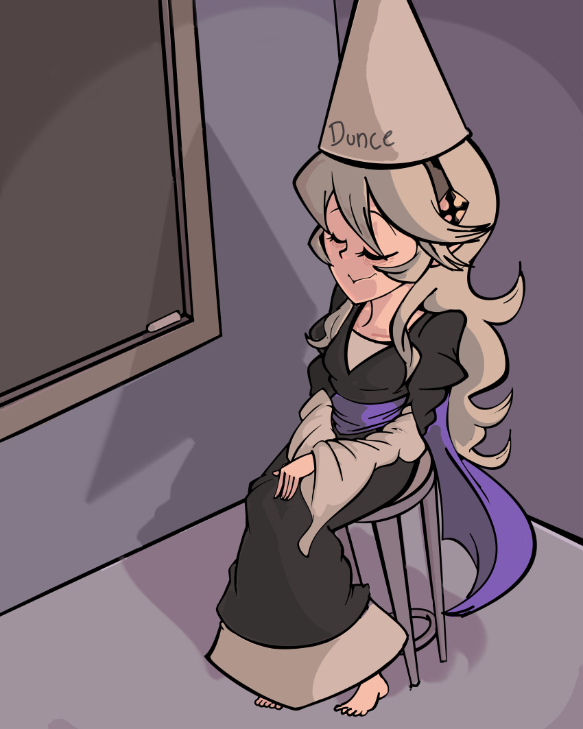 1girl absurdres alternate_costume barefoot black_dress black_hairband breasts chalk chalkboard classroom closed_eyes collarbone corrin_(female)_(fire_emblem) creepy davewaterfalls dress dunce_cap eyelashes feet female_focus fire_emblem fire_emblem_fates full_body hair_between_eyes hair_ornament hairband hands_on_own_knees hat heel_up highres indoors intelligent_systems long_dress long_hair long_sleeves medium_breasts neck nintendo own_hands_together pointy_ears punishment pyramid_head red_eyes sash sidelocks sitting smile toes two-tone_dress v-neck wavy_hair wavy_mouth when_you_see_it white_hair wide_sleeves