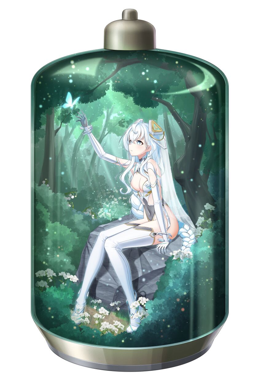 1girl absurdres alternate_costume alternate_hairstyle aqua_butterfly arm_support arm_up blue_eyes boots braid breasts bug bush butterfly center_opening cleavage clothing_cutout commentary counter:side covered_navel cy7989 elbow_gloves flower forest from_side gloves glowing_butterfly gold_trim hair_behind_ear headgear highres honeycomb_(pattern) horizon_(counter:side) insect knees_together_feet_apart leotard light_particles light_rays looking_up nature on_rock parted_lips pigeon-toed reaching side_cutout single_braid sitting small_breasts solo terrarium thigh_boots tree vacuum_tube veil wavy_hair white_boots white_flower white_gloves white_leotard white_veil
