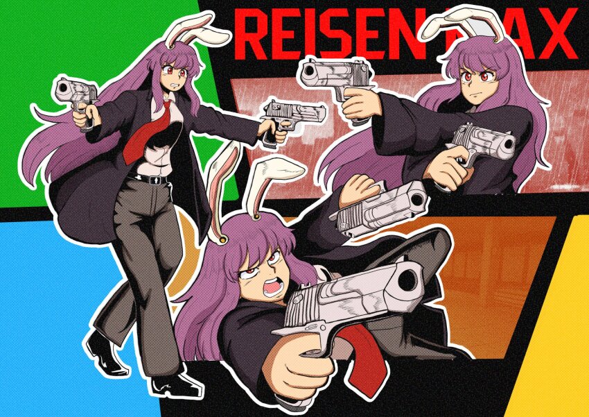 1girl animal_ears belt dual_wielding dynamic_pose full_body gun handgun highres hikibee holding holding_gun holding_weapon jacket long_hair max_payne_(series) necktie open_mouth pants parody purple_hair rabbit_ears rabbit_girl red_eyes reisen_udongein_inaba shoes solo teeth touhou weapon