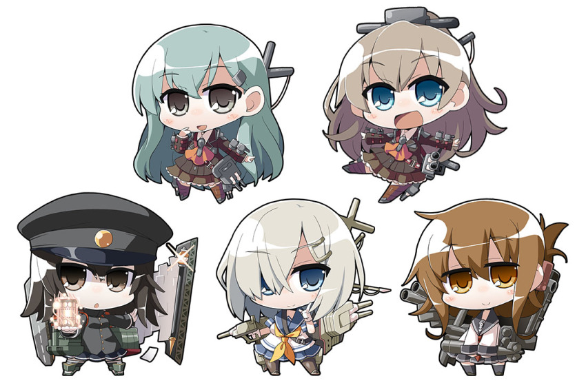 10s 5girls :d akaneya akitsu_maru_(kancolle) ascot black_eyes black_hair blue_eyes brown_hair chibi colored_skin folded_ponytail gloves green_hair hair_ornament hair_over_one_eye hairclip hamakaze_(kancolle) hat inazuma_(kancolle) kantai_collection kumano_(kancolle) long_hair machinery multiple_girls open_mouth pale_skin pantyhose school_uniform serafuku short_hair silver_hair simple_background smile suzuya_(kancolle) thighhighs white_background white_gloves white_skin yellow_eyes