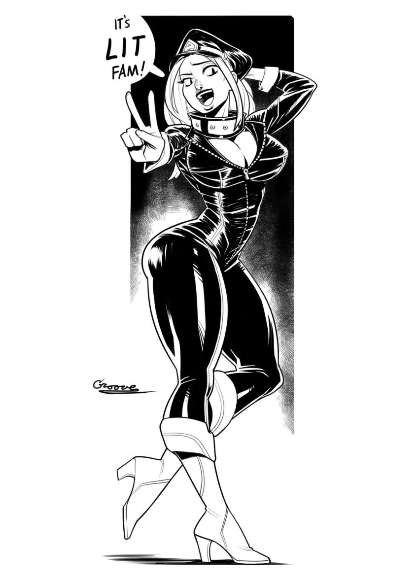1girl artist_name ass bodysuit boku_no_hero_academia boots breasts cleavage collar curvy dialogue_box english_text greyscale groove1121 hat hero high_heel_boots high_heels highres huge_ass large_breasts lineart military_hat monochrome speech_bubble thick_thighs thighs utsushimi_kemii zipper_bodysuit