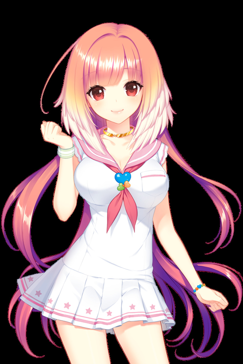 1girl breasts frilled_skirt frills hand_up heart highres large_breasts long_hair looking_at_viewer official_art pink_hair pink_ribbon red_eyes ribbon sailor_collar sailor_shirt selena_(soccer_spirits) shirahane_nao shirt skirt smile soccer_spirits star_(symbol) star_print transparent_background