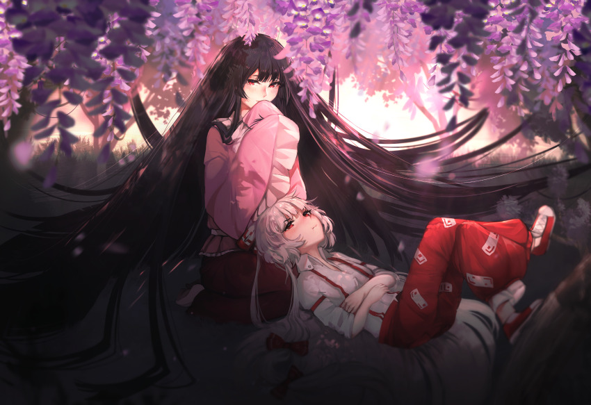2girls absurdly_long_hair arm_garter black_hair blurry blush bow breasts buttons collared_shirt commentary_request covered_mouth crossed_legs dappled_sunlight depth_of_field expressionless floating_hair flower frilled_shirt_collar frilled_sleeves frills fujiwara_no_mokou full_body grass grey_hair hair_bow hands_on_own_stomach hands_up highres houraisan_kaguya japanese_clothes kitsu_(skydiverfox) lap_pillow long_hair long_skirt long_sleeves looking_at_viewer lying multiple_girls nature ofuda ofuda_on_clothes on_back orange_eyes outdoors pants petals pink_shirt pout purple_flower red_bow red_eyes red_pants red_shoes red_skirt revision rock seiza shirt shoes sitting skirt sleeves_past_wrists small_breasts sneakers straight_hair sulking sunlight suspenders touhou tree very_long_hair vignetting water white_shirt wide_sleeves wisteria