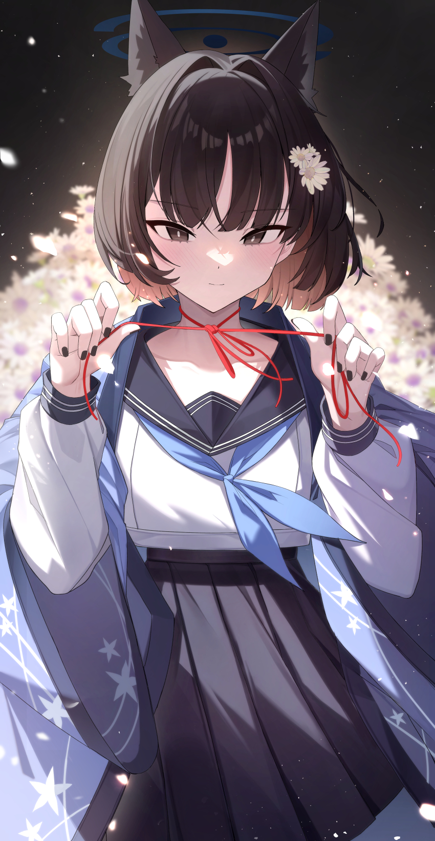 1girl absurdres animal_ears black_eyes black_hair black_nails black_sailor_collar black_skirt blue_archive blue_halo blue_neckerchief blush cat_ears closed_mouth fingernails halo haori highres japanese_clothes kikyou_(blue_archive) nail_polish neckerchief pang-yo pleated_skirt sailor_collar school_uniform serafuku short_hair skirt solo