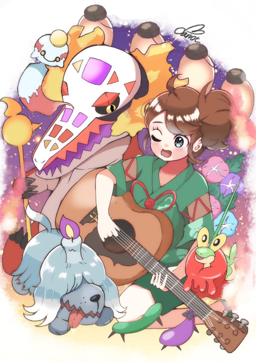 1girl ;d acoustic_guitar ahoge artist_name blue_eyes blue_flower blush brown_hair carrot_summer chimecho cucumber dipplin eggplant fire_bird_(skeledirge) flower gen_3_pokemon greavard guitar highres holding holding_guitar holding_instrument instrument juliana_(pokemon) lantern music nintendo one_eye_closed open_mouth paper_lantern pink_flower playing_guitar playing_instrument pokemon pokemon_(creature) pokemon_sv purple_flower short_hair side_ponytail skeledirge smile