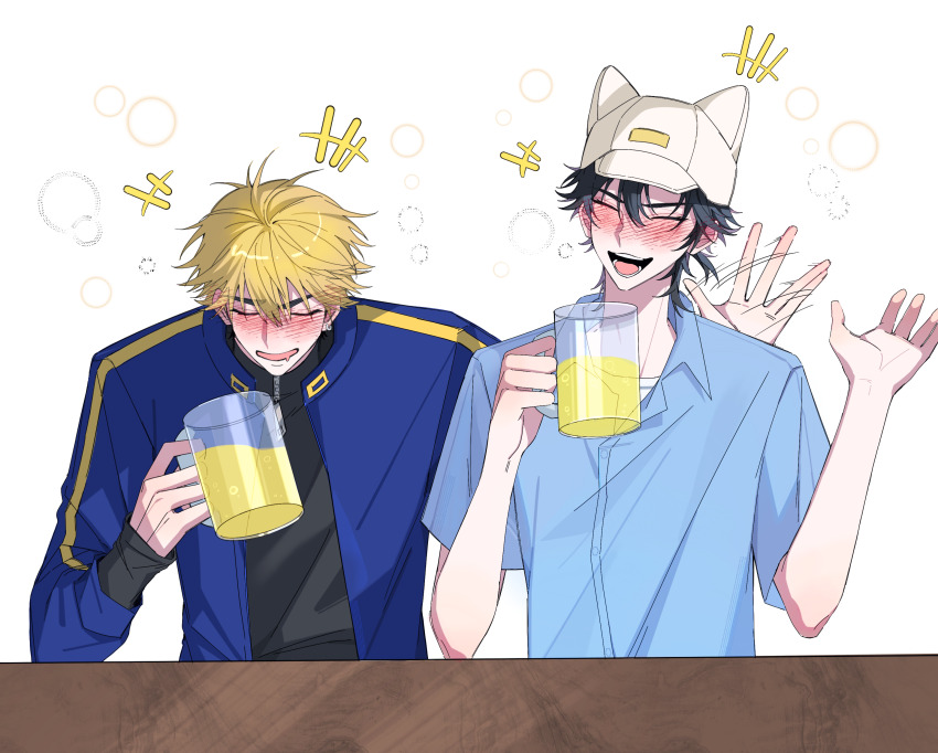 +++ 2boys absurdres alcohol animal_hat baseball_cap beer beer_mug black_hair black_shirt blonde_hair blue_jacket blue_shirt blush cat_hat cheng_xiaoshi closed_eyes collared_shirt cup drunk hair_between_eyes hand_up hat highres holding holding_cup jacket laughing long_sleeves male_focus mug multiple_boys official_alternate_costume open_clothes open_jacket open_mouth ponytail shiguang_dailiren shirt short_hair short_ponytail simple_background smile table teeth track_jacket upper_body waving white_background white_hat xia_fei yi798513