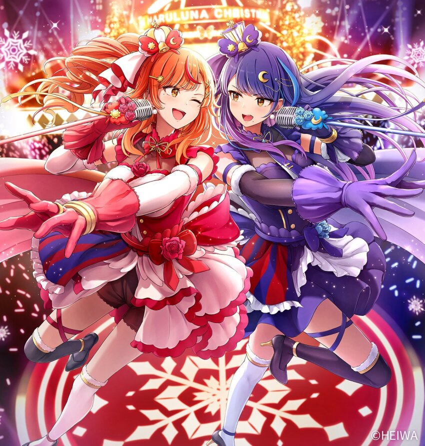 2girls ;d asymmetrical_legwear black_shoes black_sleeves black_thighhighs blue_hair blush brown_eyes commentary_request copyright_notice corset crescent crescent_hair_ornament crown detached_sleeves dress eye_contact gloves hair_ornament haruluna hat high_heels highres holding holding_microphone kirishima_haru kirishima_luna long_hair looking_at_another microphone mismatched_legwear multicolored_hair multiple_girls official_art one_eye_closed open_mouth orange_hair outstretched_arm purple_dress purple_gloves purple_hair red_corset red_gloves shoes smile streaked_hair thighhighs tokeshi two-tone_hair white_crown white_dress white_hat white_sleeves white_thighhighs