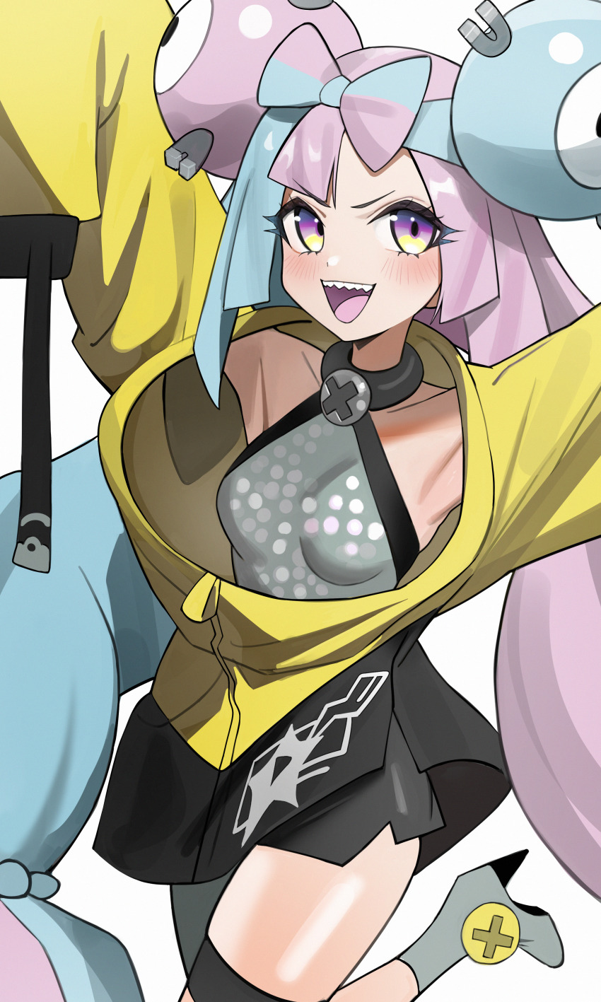 1girl absurdres aqua_hair arm_up armpits asymmetrical_bangs black_choker black_jacket black_pantyhose black_shorts blunt_ends blush boots bow-shaped_hair breasts choker collarbone commentary double_bun fake_hair_bun grey_boots grey_shirt hair_bun highres iono_(pokemon) jacket kiritzugu long_hair long_sleeves multicolored_eyes multicolored_hair multicolored_jacket nintendo open_mouth pantyhose pink_eyes pink_hair pokemon pokemon_sv sharp_teeth shirt shorts simple_background single_leg_pantyhose sleeveless sleeveless_shirt sleeves_past_fingers sleeves_past_wrists smile solo split-color_hair teeth thighs two-tone_eyes two-tone_hair two-tone_jacket upper_teeth_only v-shaped_eyebrows very_long_sleeves white_background yellow_eyes yellow_jacket
