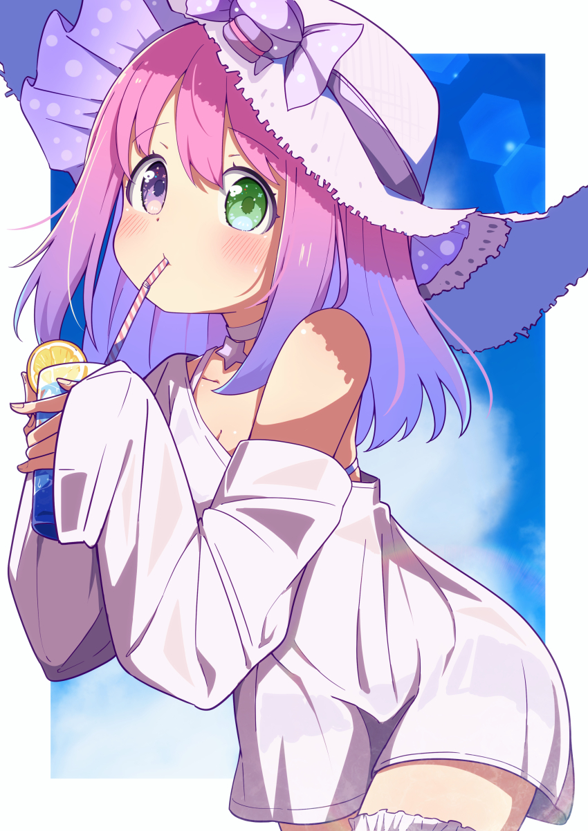1girl absurdres bare_shoulders bendy_straw bikini bikini_under_clothes blue_sky blush breasts choker cleavage closed_mouth cloud collarbone commentary_request cup day drink drinking_glass drinking_straw green_eyes hair_between_eyes hat heterochromia highres himemori_luna holding holding_cup hololive leaning_forward long_sleeves looking_at_viewer multicolored_hair off_shoulder okota_mikan pink_hair purple_eyes purple_hair see-through_clothes see-through_shirt shirt skindentation sky sleeves_past_wrists small_breasts solo straw_hat swimsuit two-tone_hair virtual_youtuber white_bikini white_choker white_hat white_shirt