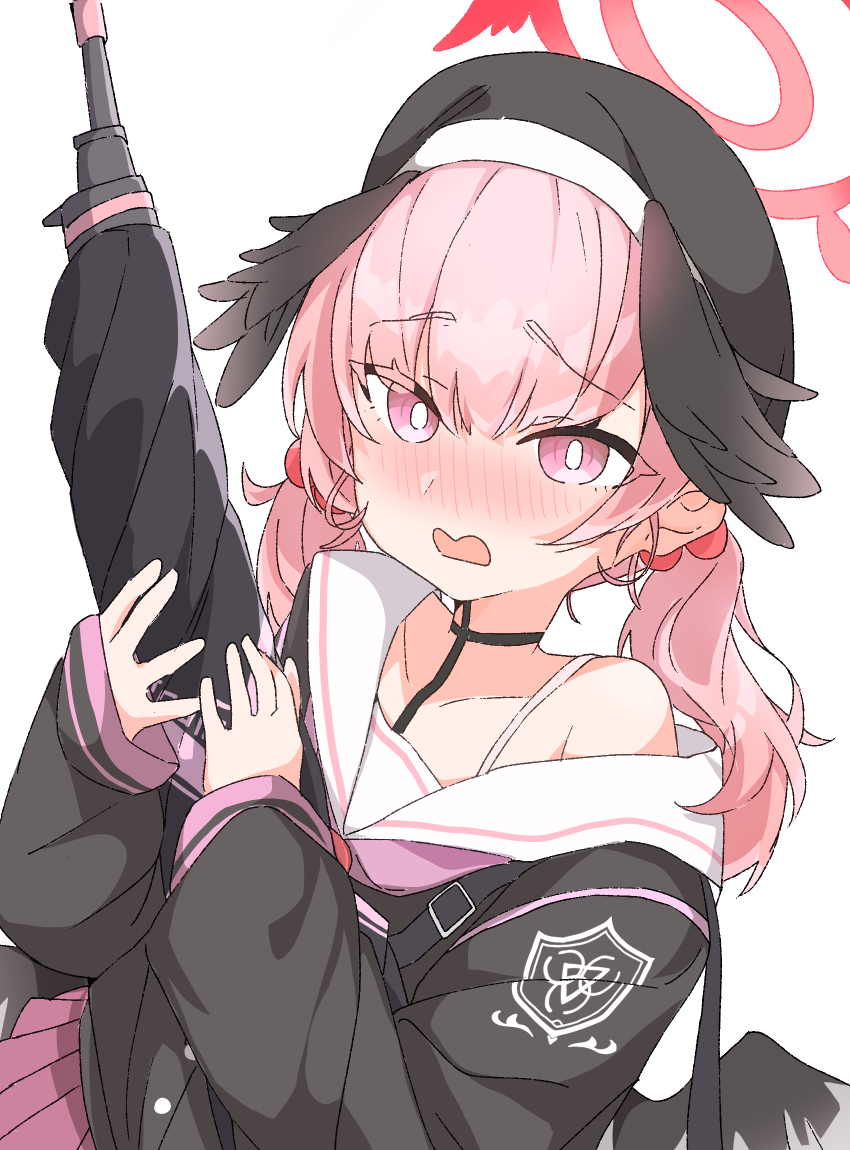 1girl bag beret black_hat black_shirt blue_archive blush body_markings bolt_action bra_strap bright_pupils buttons commentary dutch_angle embarrassed feathered_wings fill_(fill_lemonn) gun hair_between_eyes hair_bobbles hair_ornament halo hands_up hat highres holding holding_weapon koharu_(blue_archive) long_sleeves looking_at_viewer low_twintails low_wings medium_hair multiple_wings nose_blush open_mouth p14_enfield pink_eyes pink_hair pink_skirt pleated_skirt puffy_long_sleeves puffy_sleeves raised_inner_eyebrows red_halo rifle sailor_collar school_uniform serafuku shirt shoulder_bag simple_background single_bare_shoulder single_off_shoulder skirt solo trinity_general_school_logo twintails upper_body weapon white_background white_pupils white_sailor_collar winged_halo winged_hat wings