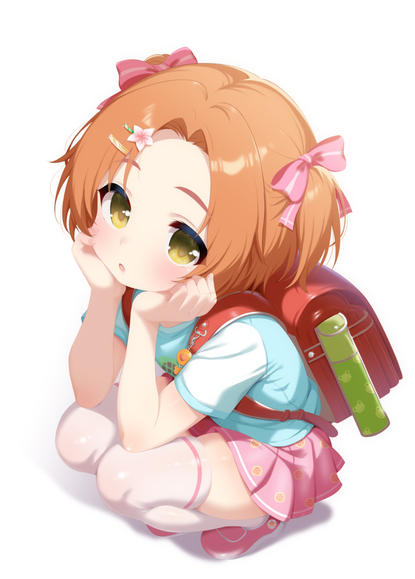 1girl :o backpack bag blue_shirt blush bow child commentary_request crime_prevention_buzzer elbow_rest elbows_on_knees flower forehead full_body hair_bow hair_flower hair_ornament hair_ribbon hairclip hands_on_own_cheeks hands_on_own_face hands_up head_rest highres hosizora_mikoto idolmaster idolmaster_cinderella_girls legs_together looking_at_viewer medium_hair miniskirt orange_hair parted_bangs parted_lips pink_bow pink_ribbon pink_shoes pink_skirt print_shirt randoseru red_bag ribbon ryuzaki_kaoru shirt shoes short_hair short_sleeves skindentation skirt solo squatting straight_hair t-shirt thighhighs two_side_up white_background white_thighhighs yellow_eyes zettai_ryouiki