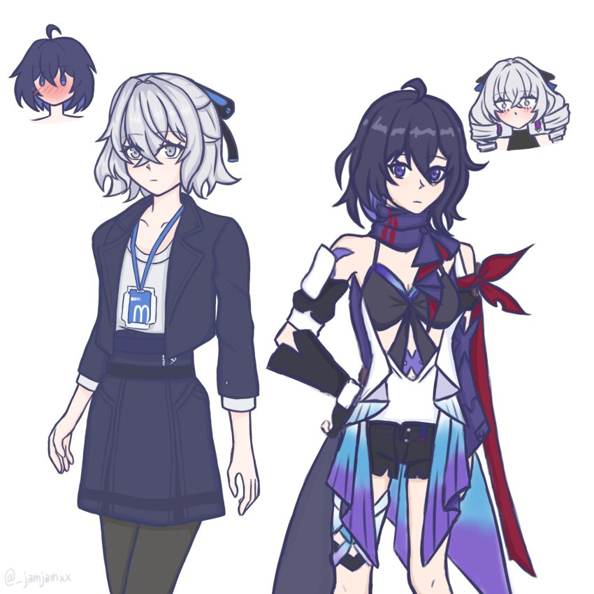 4girls ahoge alternate_hair_length alternate_hairstyle bare_shoulders black_pantyhose black_shorts blue_jacket blue_skirt blush bronya_rand bronya_zaychik bronya_zaychik_(outstanding_attitude) bronya_zaychik_(silverwing:_n-ex) cosplay drill_hair grey_eyes grey_hair grey_shirt hair_between_eyes hand_on_own_hip highres honkai:_star_rail honkai_(series) honkai_impact_3rd jacket lanyard long_sleeves miniskirt moa_(jamjamxx) multiple_girls nose_blush open_clothes open_jacket pantyhose purple_eyes purple_scarf scarf seele_(honkai:_star_rail) seele_(honkai:_star_rail)_(cosplay) seele_vollerei shirt short_hair short_shorts shorts skirt