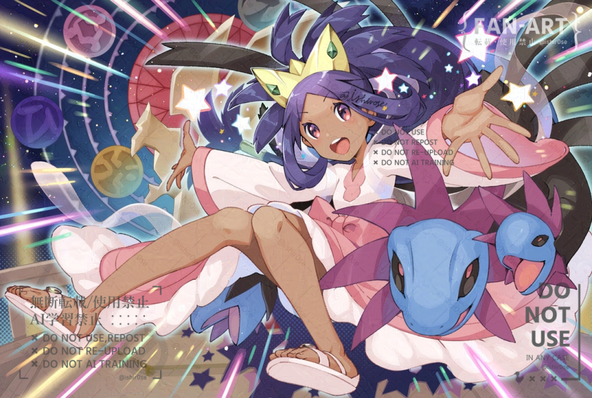 1girl ahoge child collarbone dark-skinned_female dark_skin dress eyelashes feet female_focus fingernails flat_chest foot_up full_body gen_5_pokemon hair_flaps happy hydreigon iris_(pokemon) knees knees_together_feet_apart kusuribe legs long_hair long_sleeves looking_at_viewer low-tied_long_hair neck nintendo official_alternate_costume official_alternate_hairstyle open_clothes open_hands open_mouth open_skirt outstretched_arms parted_bangs pink_dress pokemon pokemon_bw2 purple_hair red_eyes sandals shoe_soles sidelocks size_difference skirt star_(sky) star_(symbol) starry_sky_background tiara toenails toes v-neck very_long_hair watermark white_sandals wide_sleeves