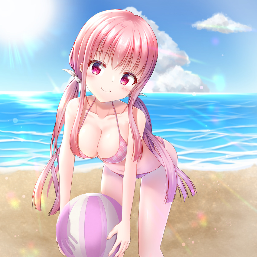 1girl absurdres asahi_hina ball beach beachball bent_over bikini blue_sky blush breasts cleavage closed_mouth cloud collarbone commentary day dot_nose feet_out_of_frame getsuyoshi head_tilt highres holding holding_ball holding_beachball horizon large_breasts lens_flare long_hair looking_at_viewer low_twintails ocean outdoors pink_bikini pink_eyes pink_hair plaid_bikini plaid_clothes re:stage! sidelocks sky smile solo string_bikini sun swimsuit twintails very_long_hair