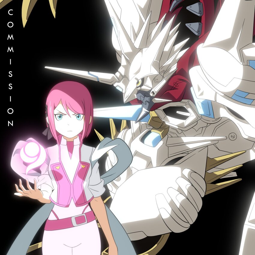 1girl belt blue_eyes cosplay crests_(digimon) digimon digimon_(creature) digimon_rearise highres jacket jesmon looking_at_viewer mon_(digimon_rearise) officialseraphimon pink_hair unifom