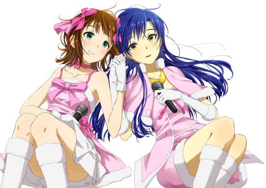 2girls amami_haruka blue_hair blush brown_eyes brown_hair capelet choker closed_mouth commentary cute_&amp;_girly_(idolmaster) dress elbow_gloves gloves green_eyes hair_ribbon highres holding holding_hands holding_microphone idolmaster idolmaster_(classic) idolmaster_1 kisaragi_chihaya knees_up koiwai_ringo long_hair looking_at_viewer loose_hair_strand lying microphone multiple_girls on_back pink_capelet pink_choker pink_dress pink_ribbon ribbon ribbon_choker short_hair simple_background smile snow_strawberry_(idolmaster) white_background white_gloves