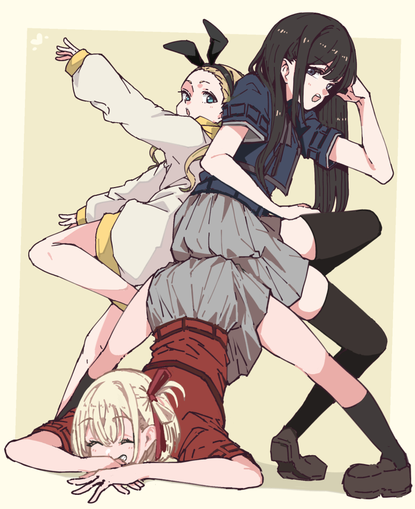 3girls ^_^ animal_ear_hairband animal_ears ankle_socks bangs_pinned_back black_hair black_hairband black_socks black_thighhighs blonde_hair blue_dress blue_eyes border brown_shoes closed_eyes dress fake_animal_ears grey_dress grin hair_ornament hair_ribbon hairband highres hood hoodie inoue_takina jack-o&#039;_challenge kurumi_(lycoris_recoil) loafers long_hair long_hoodie long_sleeves looking_at_viewer lycoris_recoil lycoris_uniform multiple_girls nishikigi_chisato one_eye_closed outside_border panyatteria purple_eyes rabbit_ear_hairband rabbit_ears red_dress red_ribbon ribbon shoes short_hair short_sleeves sitting sitting_on_person smile socks spread_legs thighhighs thighs top-down_bottom-up white_hoodie yellow_background yellow_border