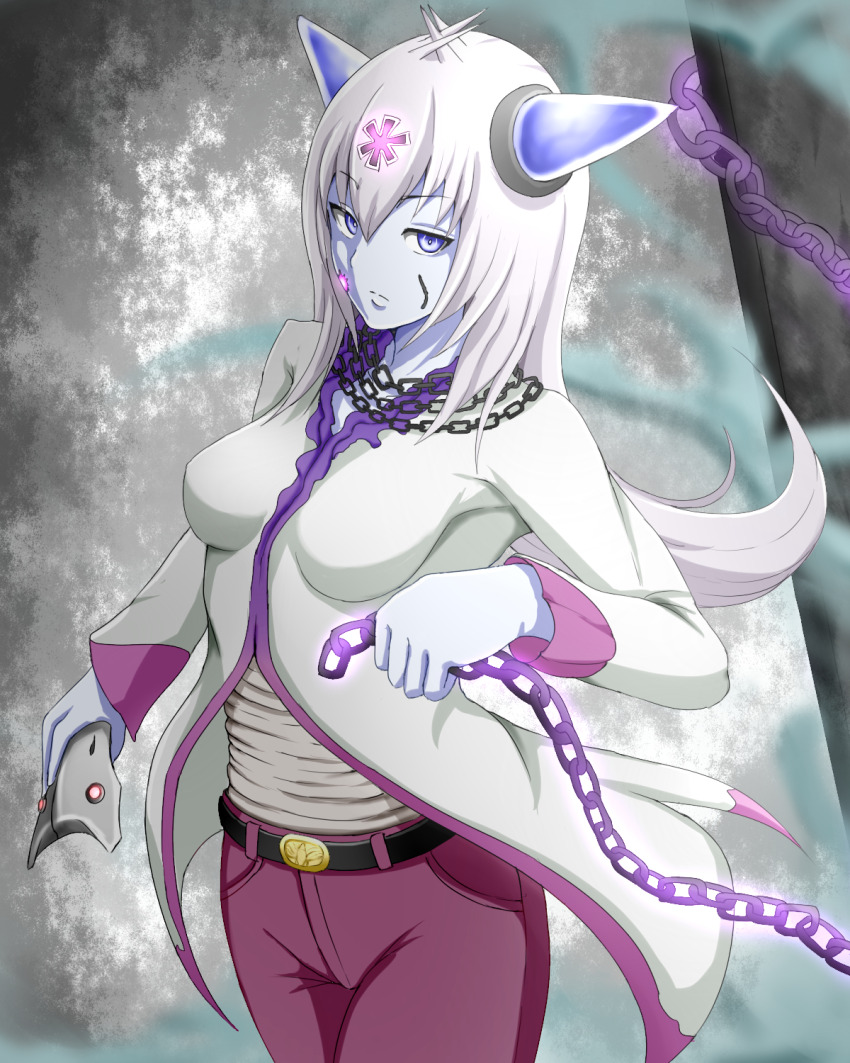 1girl bandaged_torso belt_buckle blue_eyes blue_horns breasts buckle chain chain_around_neck closed_mouth colored_skin commentary_request denim expressionless facial_scar fog glowing glowing_chain hair_between_eyes highres holding holding_chain holding_mask horns jeans la_croix long_hair long_sleeves looking_at_viewer mask medium_breasts mon-musu_quest! monster_girl pants partial_commentary plague_doctor_mask purple_pants raichi_(ddq0246) scar scar_on_cheek scar_on_face shirt solo star_of_life white_hair white_shirt