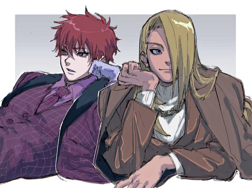 2boys blue_eyes border brown_eyes chain chain_necklace coat deidara_(naruto) eyeliner formal_clothes gloves grey_background highres jewelry long_hair lying makeup male_focus multiple_boys naruto_(series) naruto_shippuuden necklace on_back on_stomach open_clothes open_coat parted_lips plaid_clothes sasori_(naruto) simple_background smile suit sweater teeth umkaqryi white_border white_gloves white_sweater
