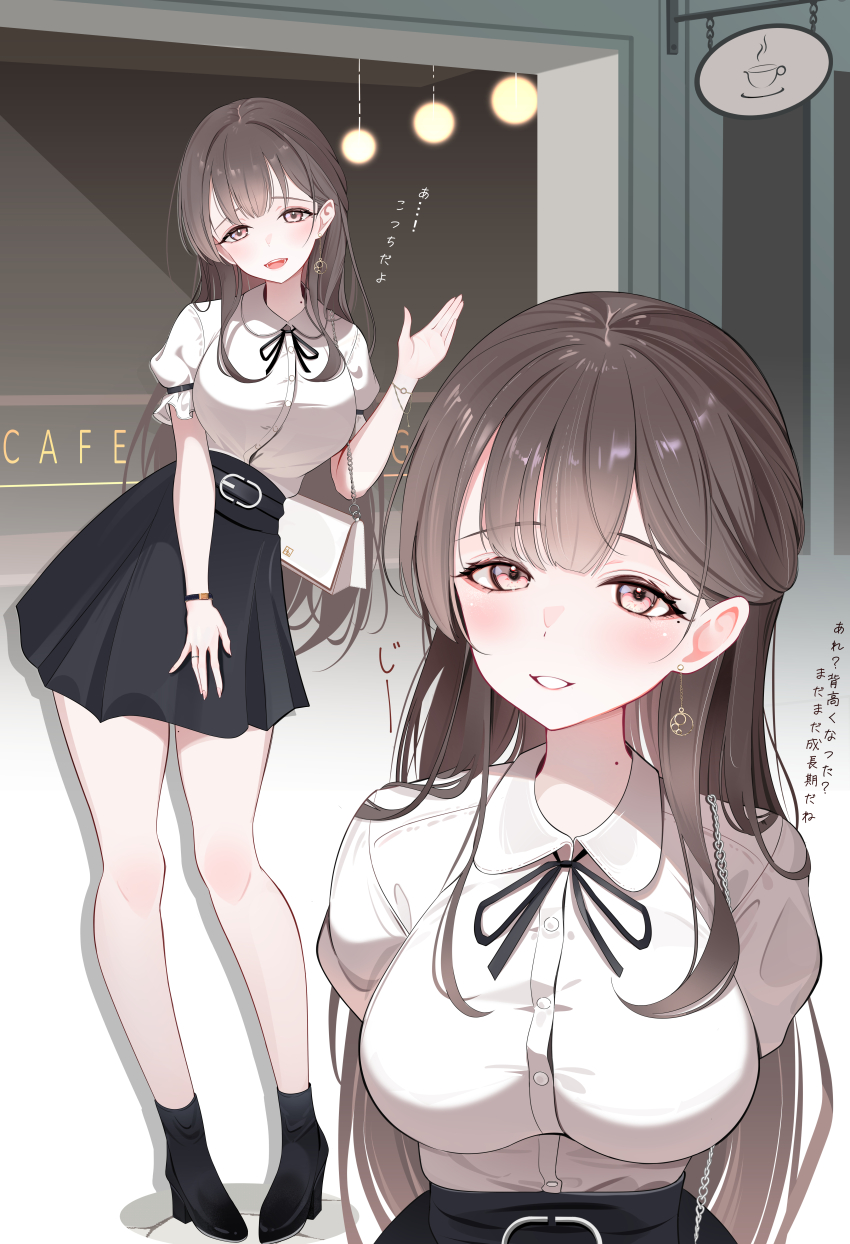 1girl absurdres bag black_ribbon black_shoes black_skirt blush breasts brown_eyes brown_hair commentary_request earrings handbag highres jewelry large_breasts leaning_to_the_side long_hair looking_at_viewer mole mole_under_eye multiple_views neck_ribbon open_mouth original pleated_skirt puffy_short_sleeves puffy_sleeves ribbon shirt shirt_tucked_in shoes short_sleeves sikimosh skirt smile white_shirt