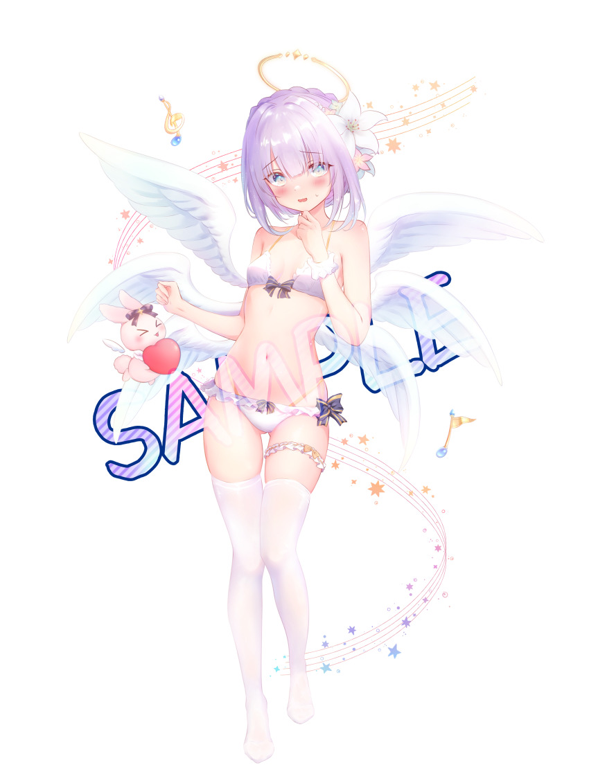 absurdres angel angel_wings blue_eyes blush bra feathered_wings flower hair_between_eyes hair_flower hair_ornament halo highres long_hair long_sleeves low_twintails maimai_(game) ohako_miyu panties shy solo swimsuit twintails underwear watermark white_wings wings yurisaki_mika_(maimai)