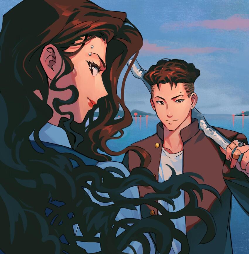 1boy 1girl ayako_(slam_dunk) bandaid bandaid_on_finger black_hair brown_hair brown_jacket closed_mouth dusk earrings eyebrow_piercing eyelashes face_piercing fingernails highres holding holding_lead_pipe jacket jewelry lake lalatia-meai lead_pipe long_hair miyagi_ryouta ocean over_shoulder piercing shirt slam_dunk_(series) undercut wavy_hair white_shirt