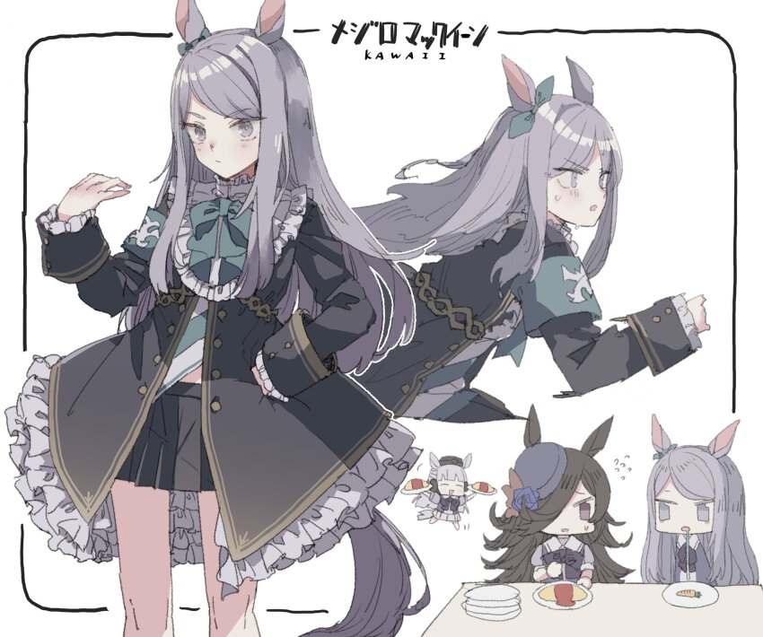 3girls animal_ears black_coat black_skirt carrot character_name closed_eyes closed_mouth coat commentary earrings flying_sweatdrops food frilled_coat frills gold_ship_(umamusume) hair_over_one_eye highres horse_ears horse_girl horse_tail jewelry long_hair long_sleeves mejiro_mcqueen_(umamusume) multiple_girls multiple_views omelet omochi_chowder omurice plate purple_eyes purple_hair rice_shower_(umamusume) school_uniform skirt solo_focus sweat symbol-only_commentary tail tracen_school_uniform umamusume white_background